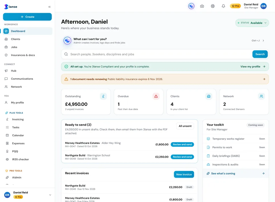 The 3lanse dashboard: money outstanding and overdue, clients, network, invoices ready to send, recent invoices, a renewal reminder and Aidmin, shown with example data.